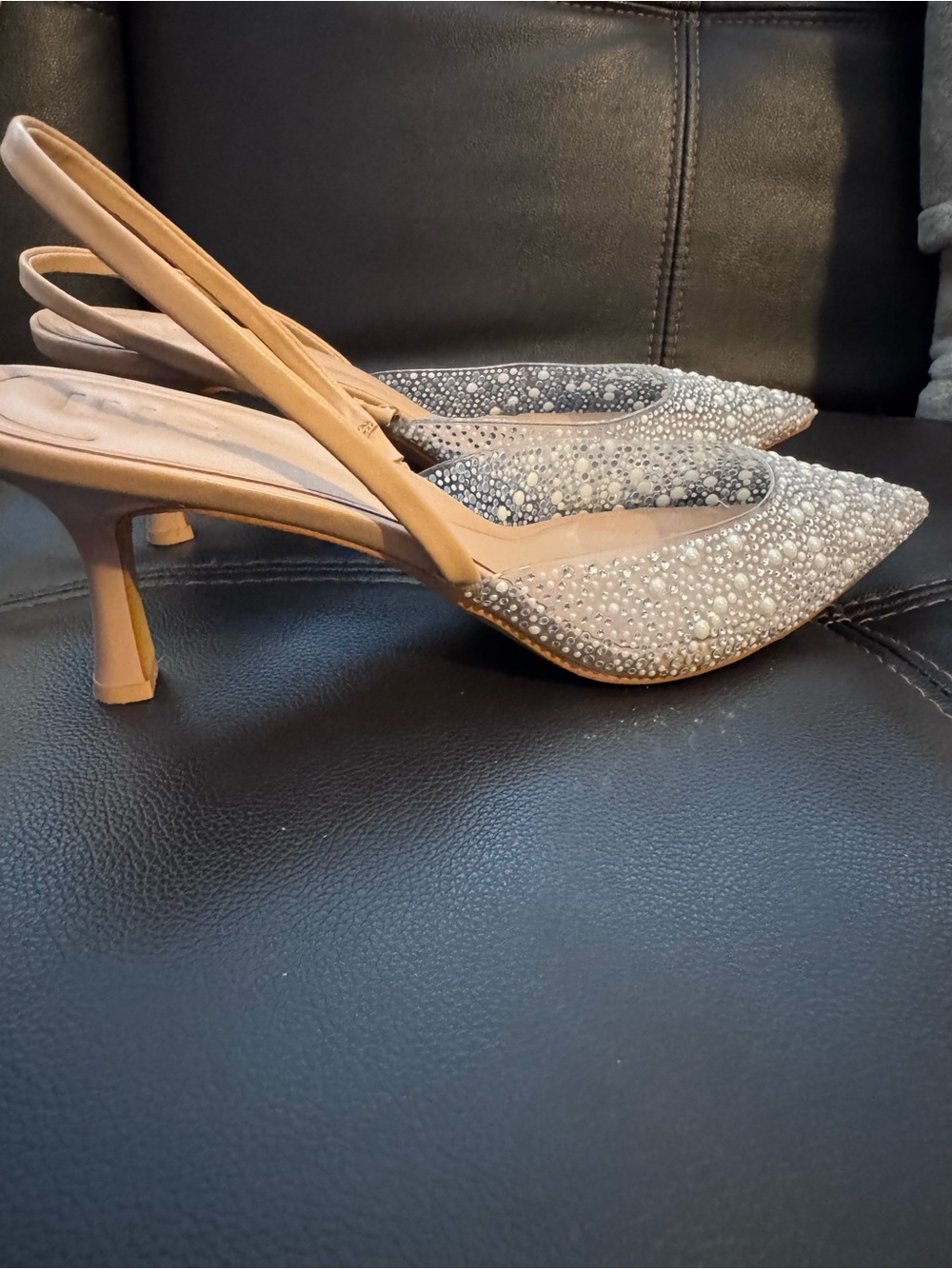 INC International Concepts Nude Slingback Heels with Silver Crystal Accents